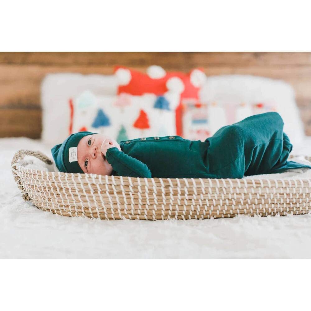 NEW FAWN & FOSTER baby organic knotted gown + top knot hat in forest